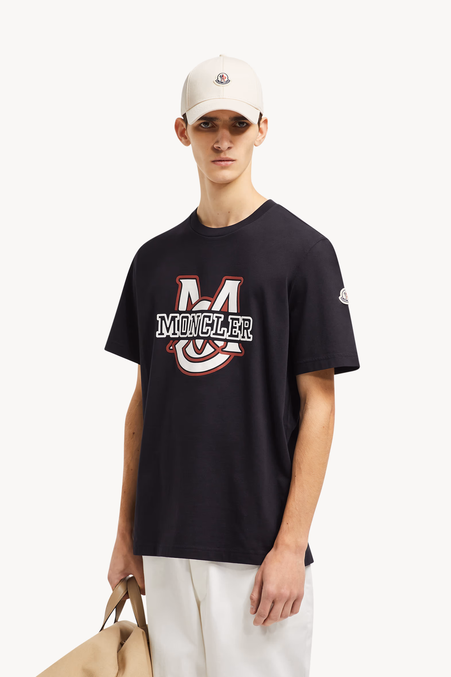Camiseta de algodón con motivo de logotipo universitario Hombre Azul marino Moncler 0